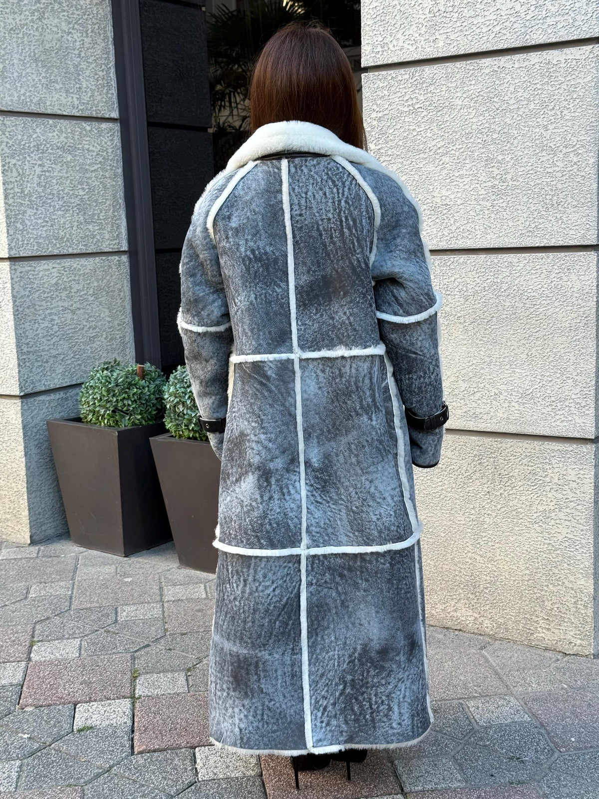 Handmade Grey Shearling Coat: Long Lambskin Jacket with White Wool Lining