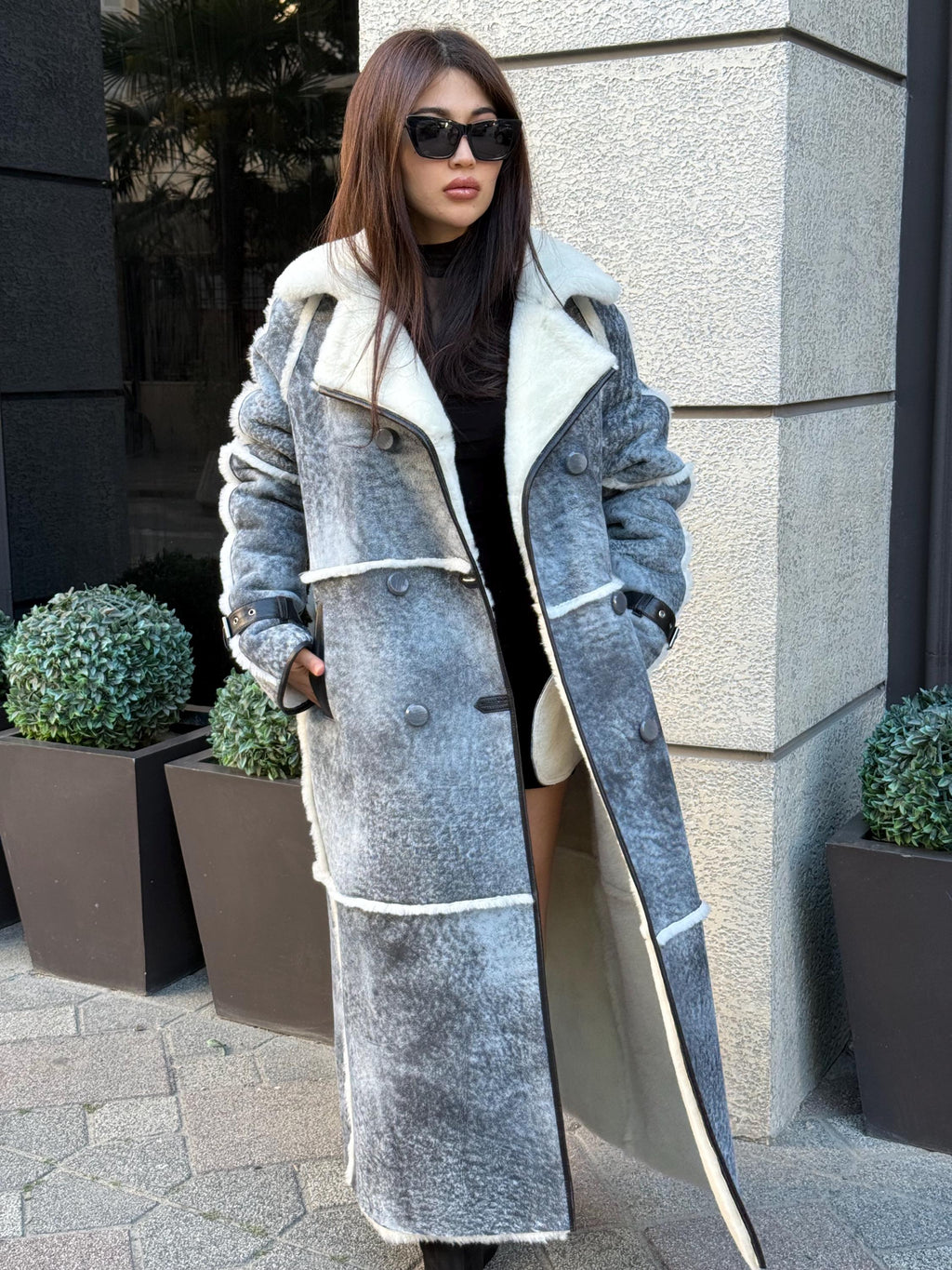 Handmade Grey Shearling Coat: Long Lambskin Jacket with White Wool Lining
