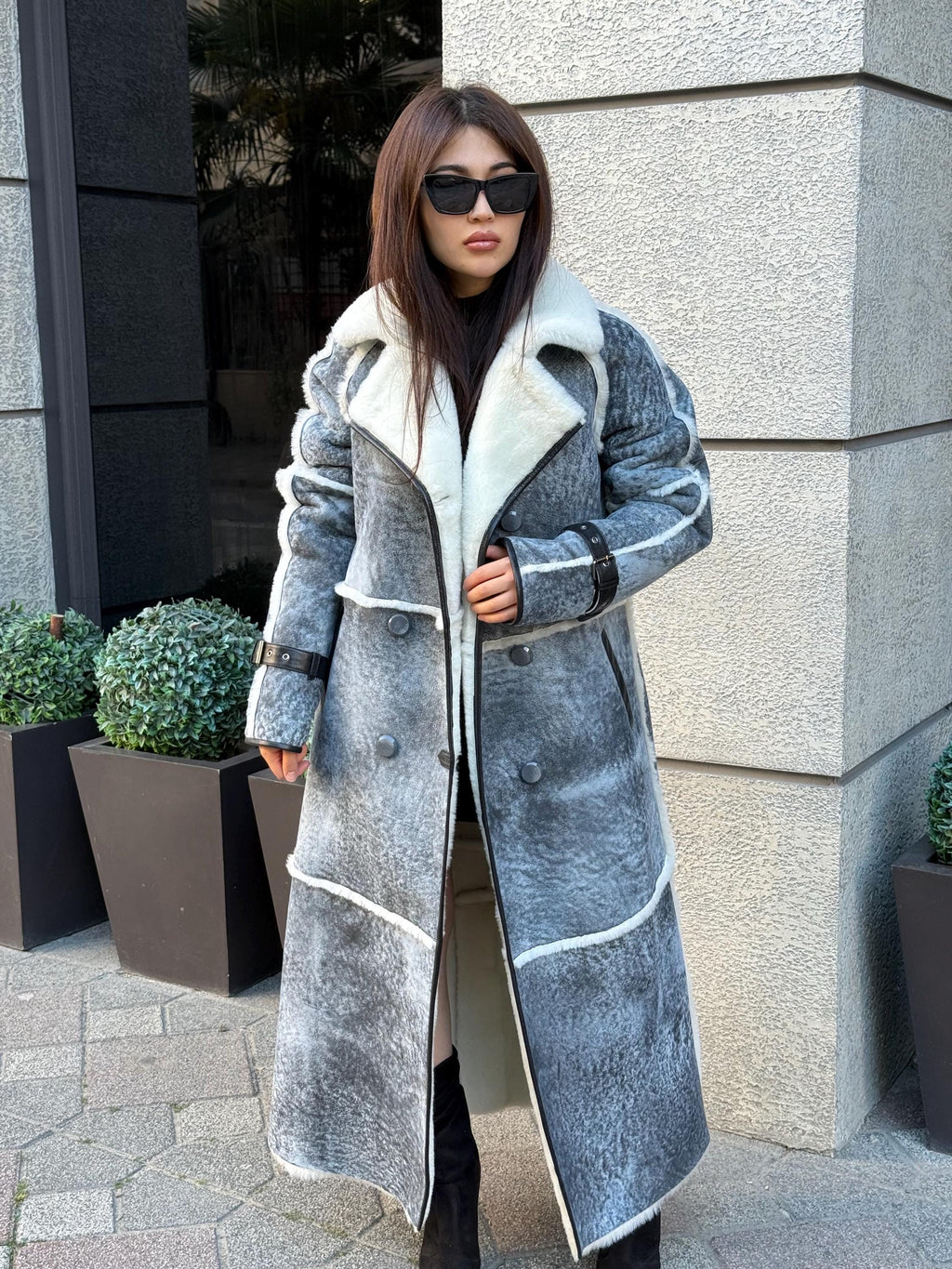 Handmade Grey Shearling Coat: Long Lambskin Jacket with White Wool Lining