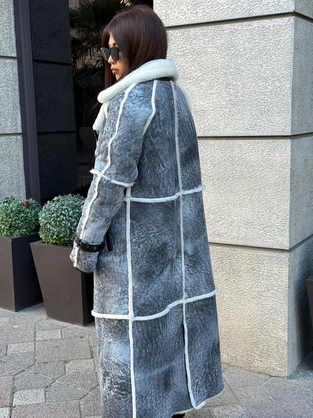 Handmade Grey Shearling Coat: Long Lambskin Jacket with White Wool Lining