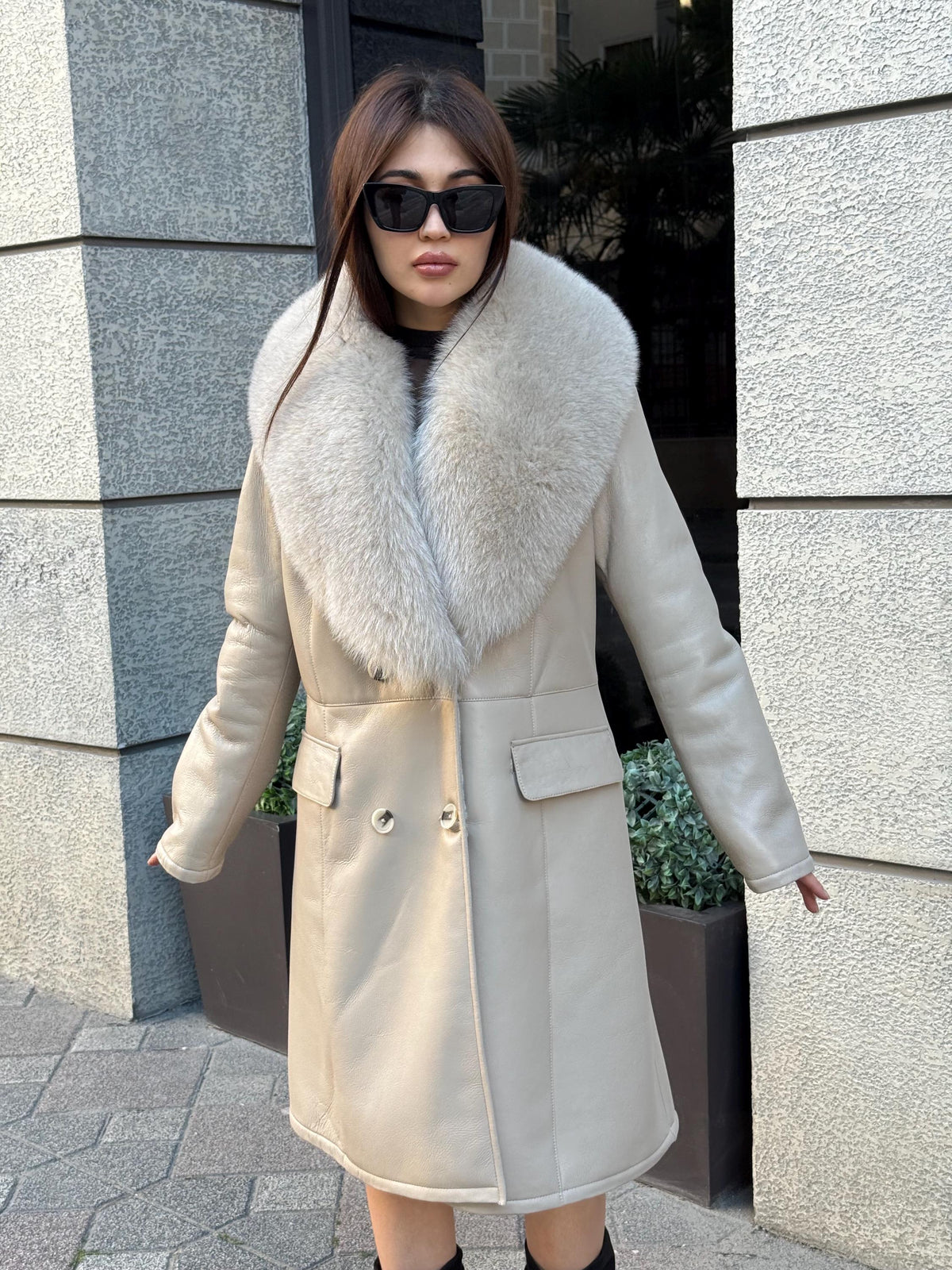 Beige Long Shearling Coat, Women’s Handmade Lamb Collar Fox Fur Jacket