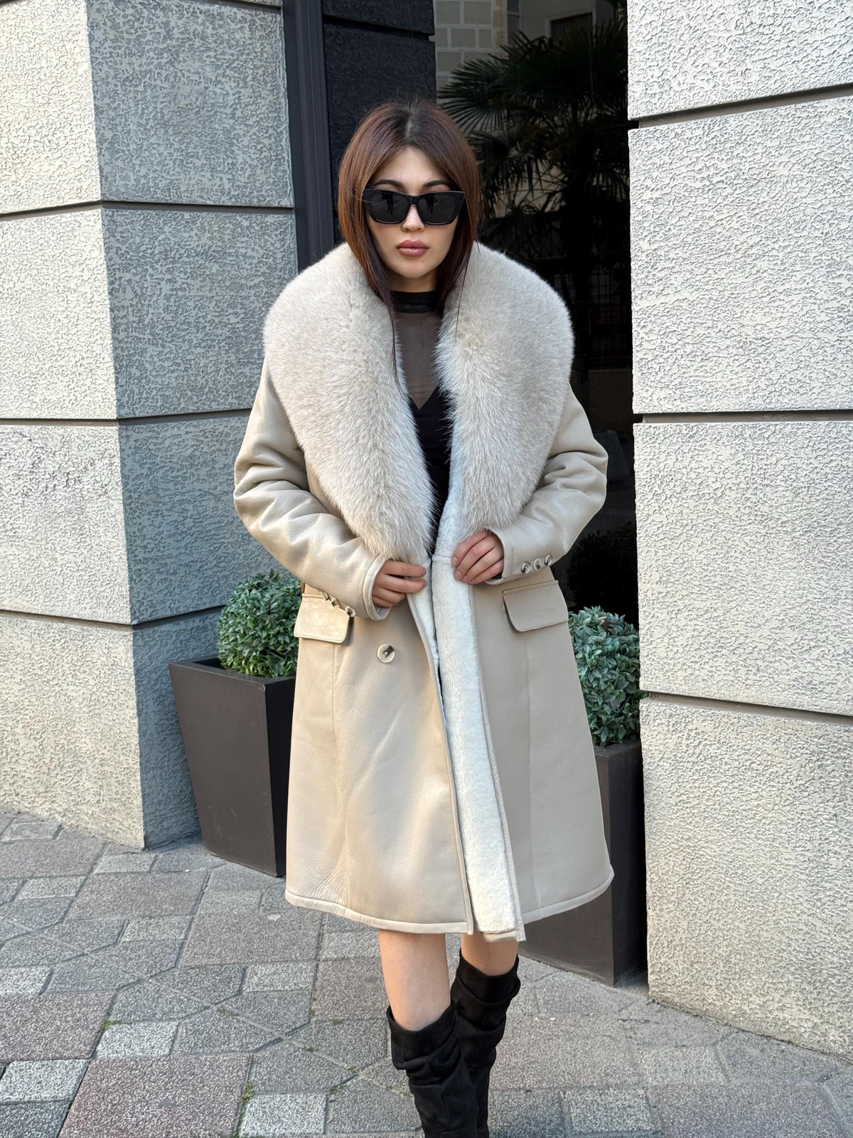 Beige Long Shearling Coat, Women’s Handmade Lamb Collar Fox Fur Jacket