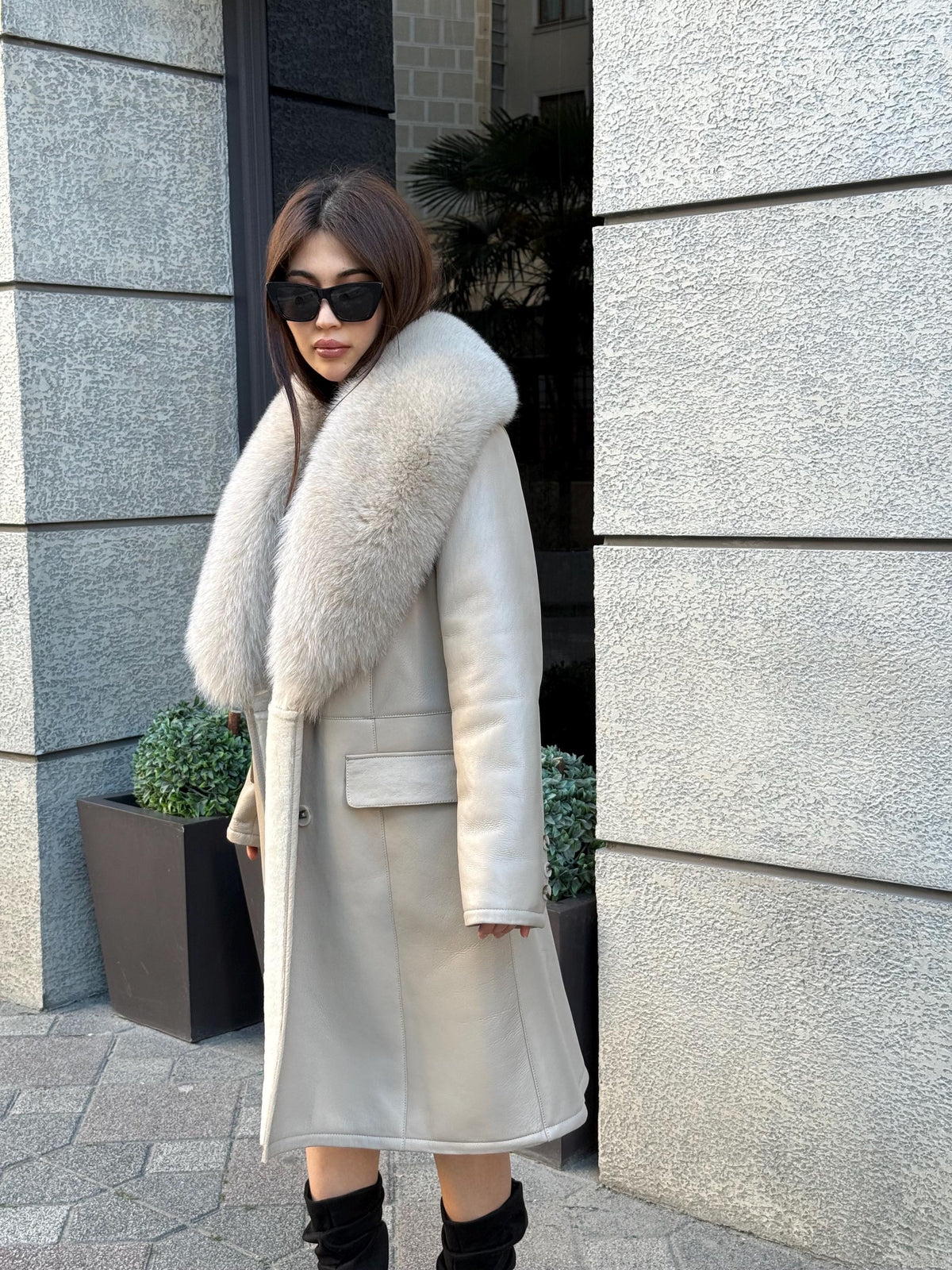 Beige Long Shearling Coat, Women’s Handmade Lamb Collar Fox Fur Jacket