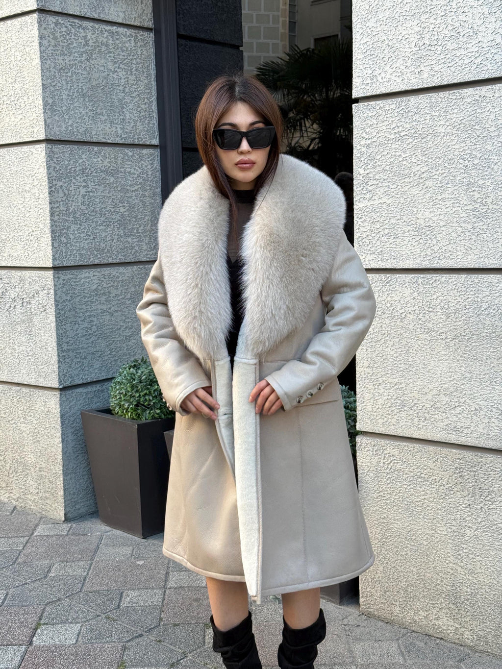Beige Long Shearling Coat, Women’s Handmade Lamb Collar Fox Fur Jacket