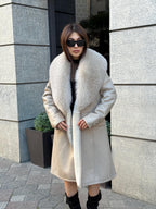 Beige Long Shearling Coat, Women’s Handmade Lamb Collar Fox Fur Jacket