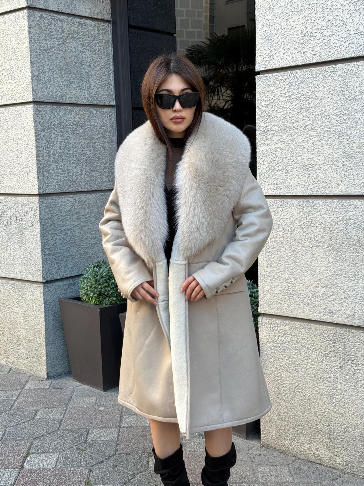 Beige Long Shearling Coat, Women’s Handmade Lamb Collar Fox Fur Jacket