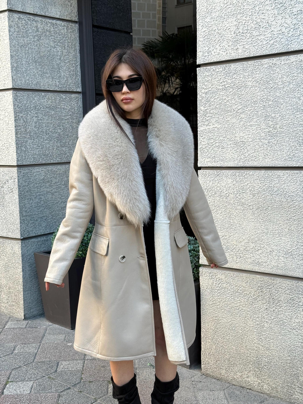 Beige Long Shearling Coat, Women’s Handmade Lamb Collar Fox Fur Jacket
