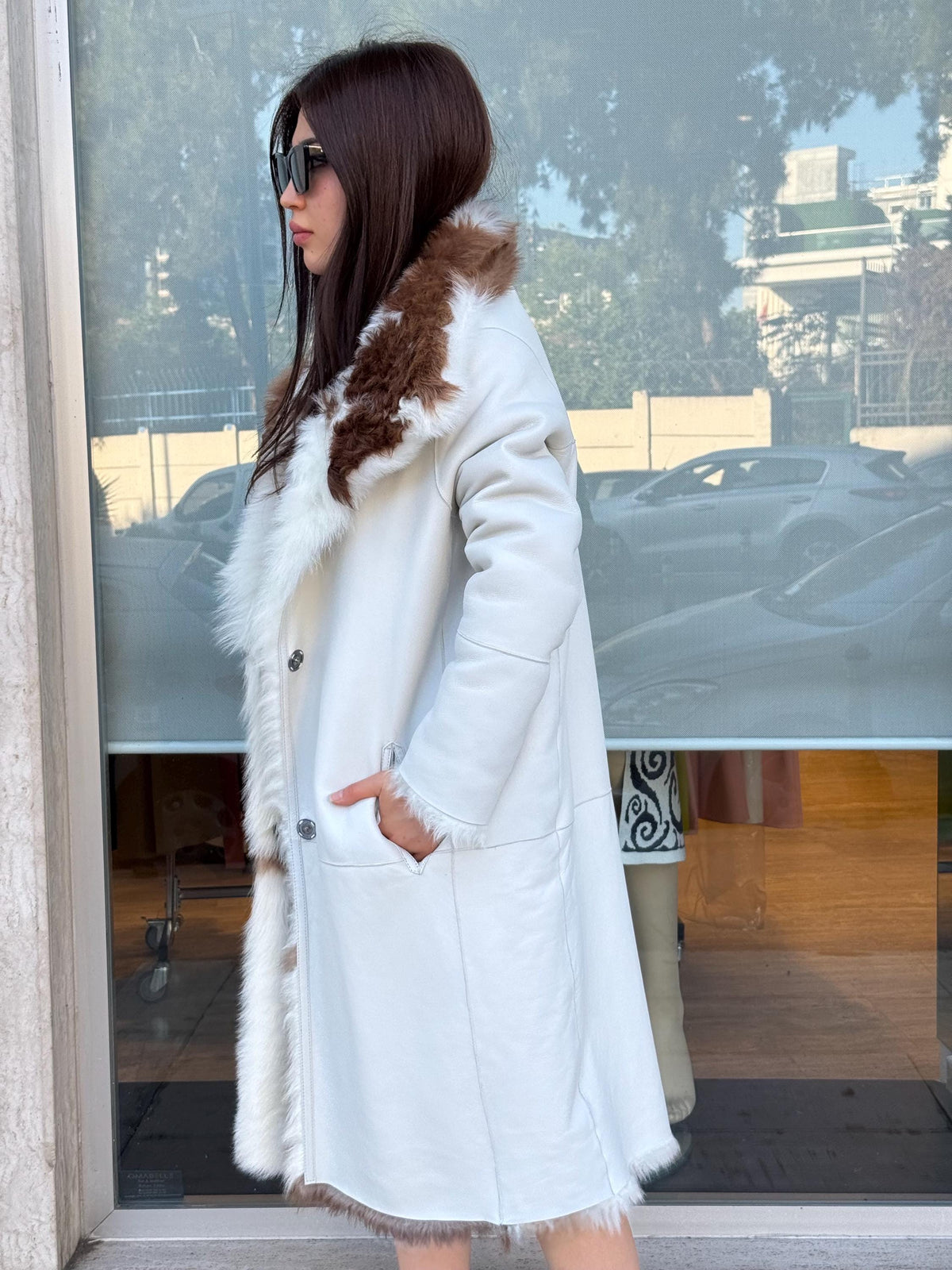 Reversible Sheepskin Shearling Coat: Handmade Cow Print Fur & Leather