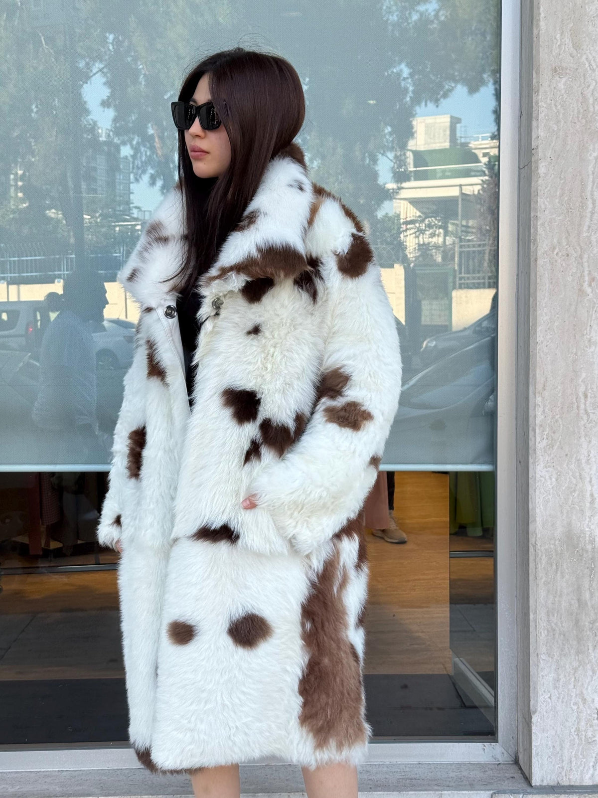Reversible Sheepskin Shearling Coat: Handmade Cow Print Fur & Leather