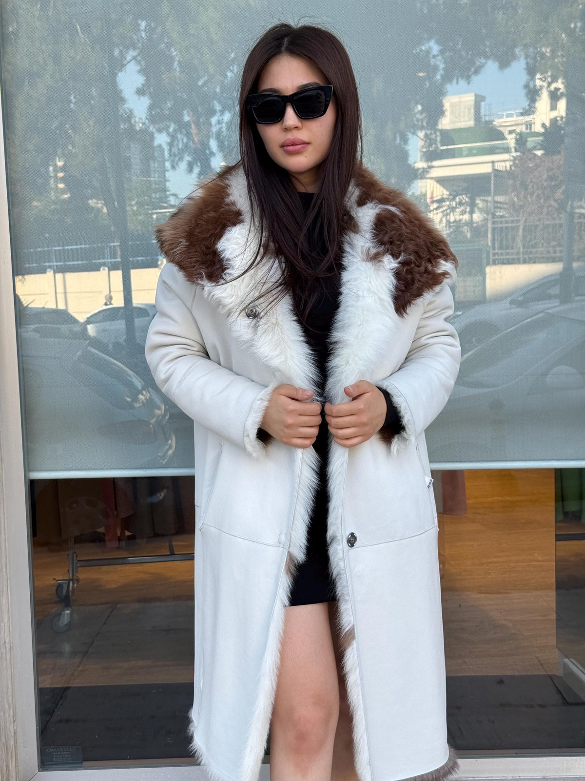 Reversible Sheepskin Shearling Coat: Handmade Cow Print Fur & Leather