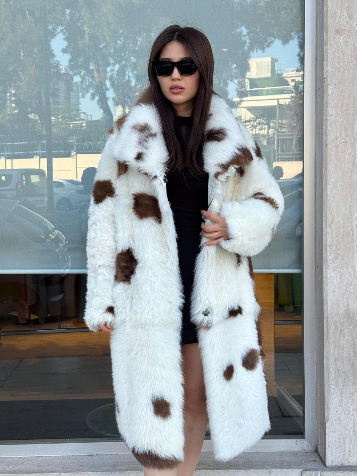 Reversible Sheepskin Shearling Coat: Handmade Cow Print Fur & Leather