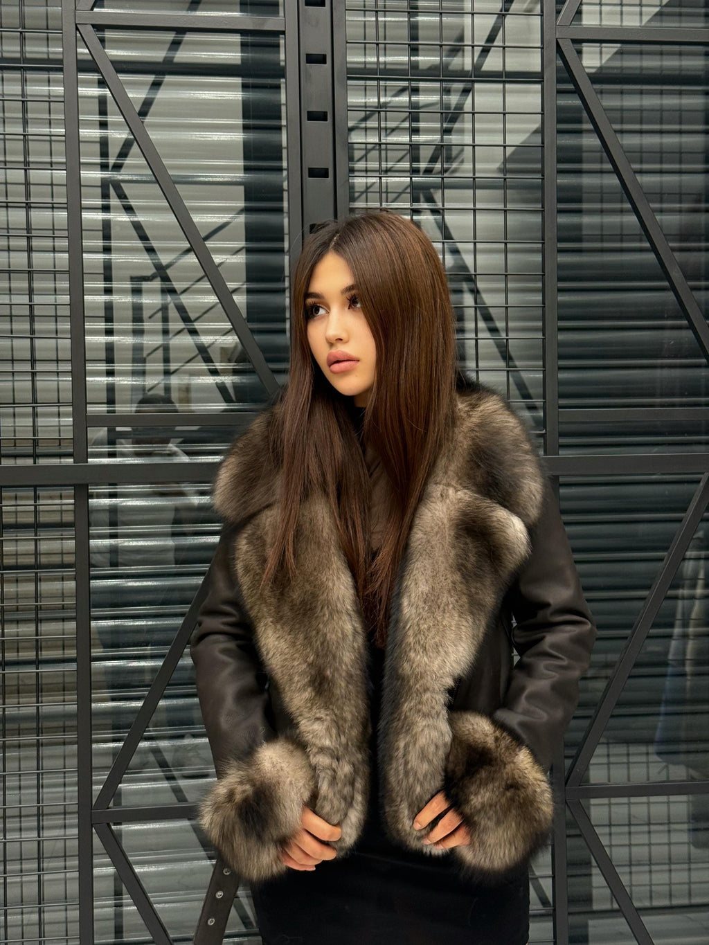 Brown Women’s Shearling Coat, Handmade Lambskin Short Front - Fox Fur Jacket