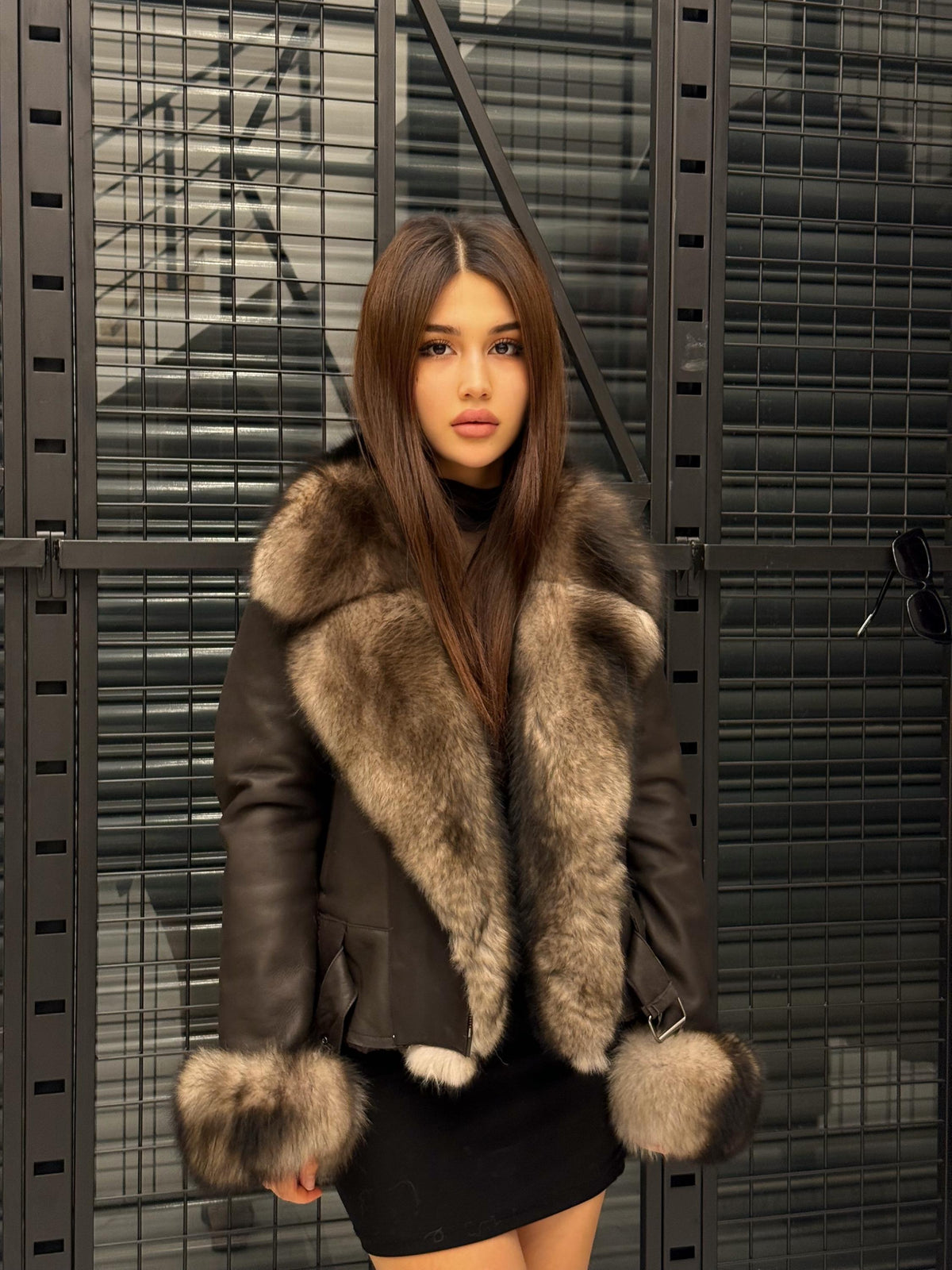 Brown Women’s Shearling Coat, Handmade Lambskin Short Front - Fox Fur Jacket