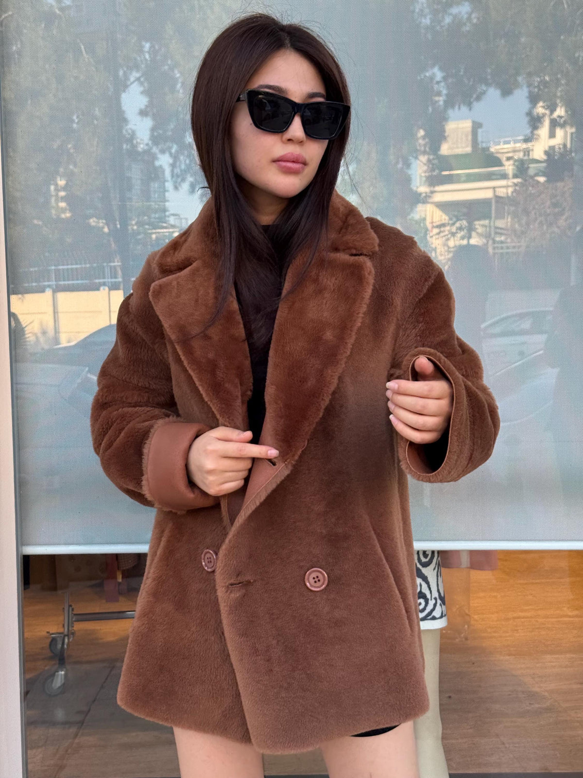 Brown Reversible Shearling Coat for Women – Premium Sheepskin Double-Sided Jacket – Handmade Warm Winter Fur Outerwear