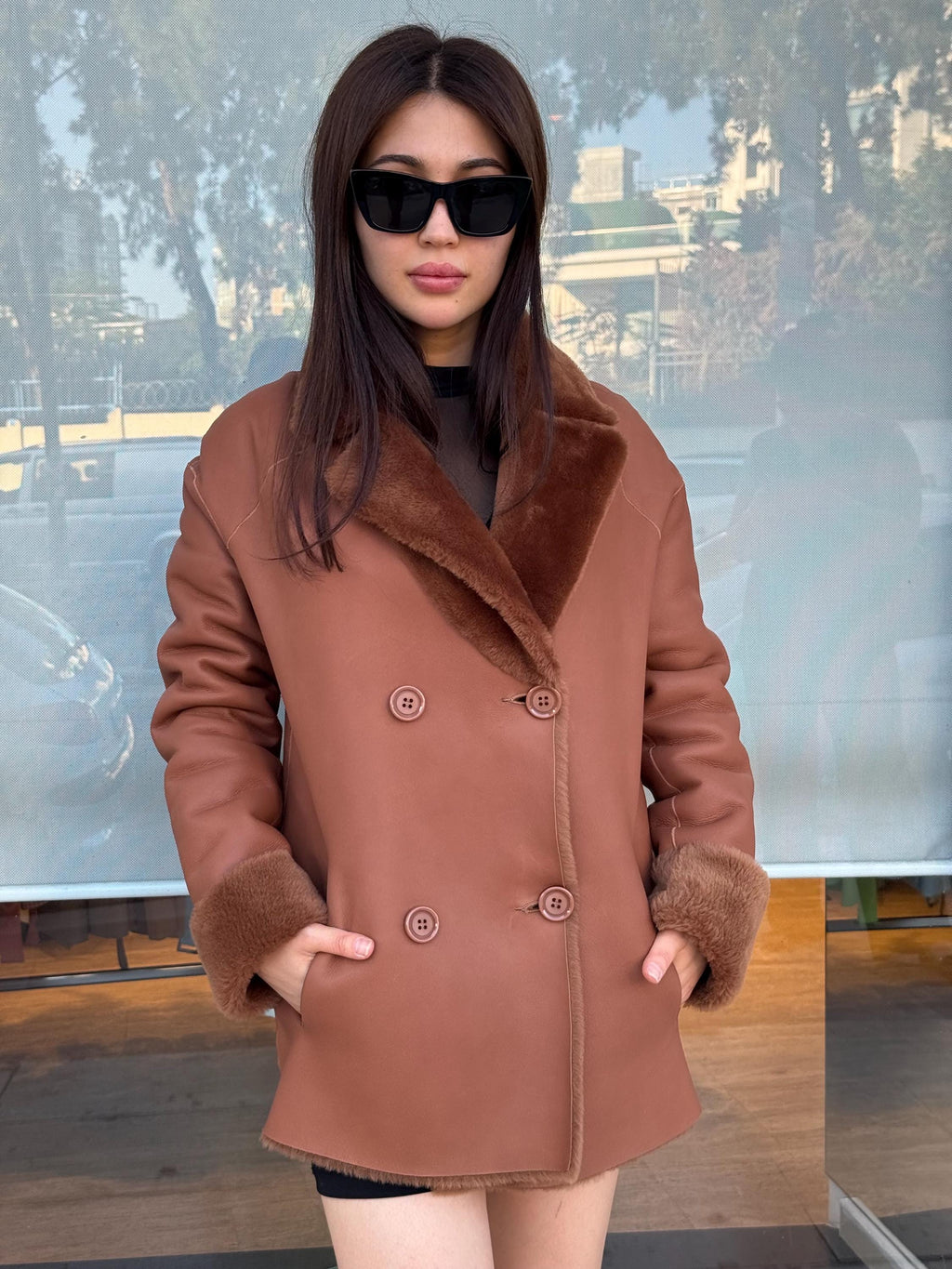 Brown Reversible Shearling Coat for Women – Premium Sheepskin Double-Sided Jacket – Handmade Warm Winter Fur Outerwear