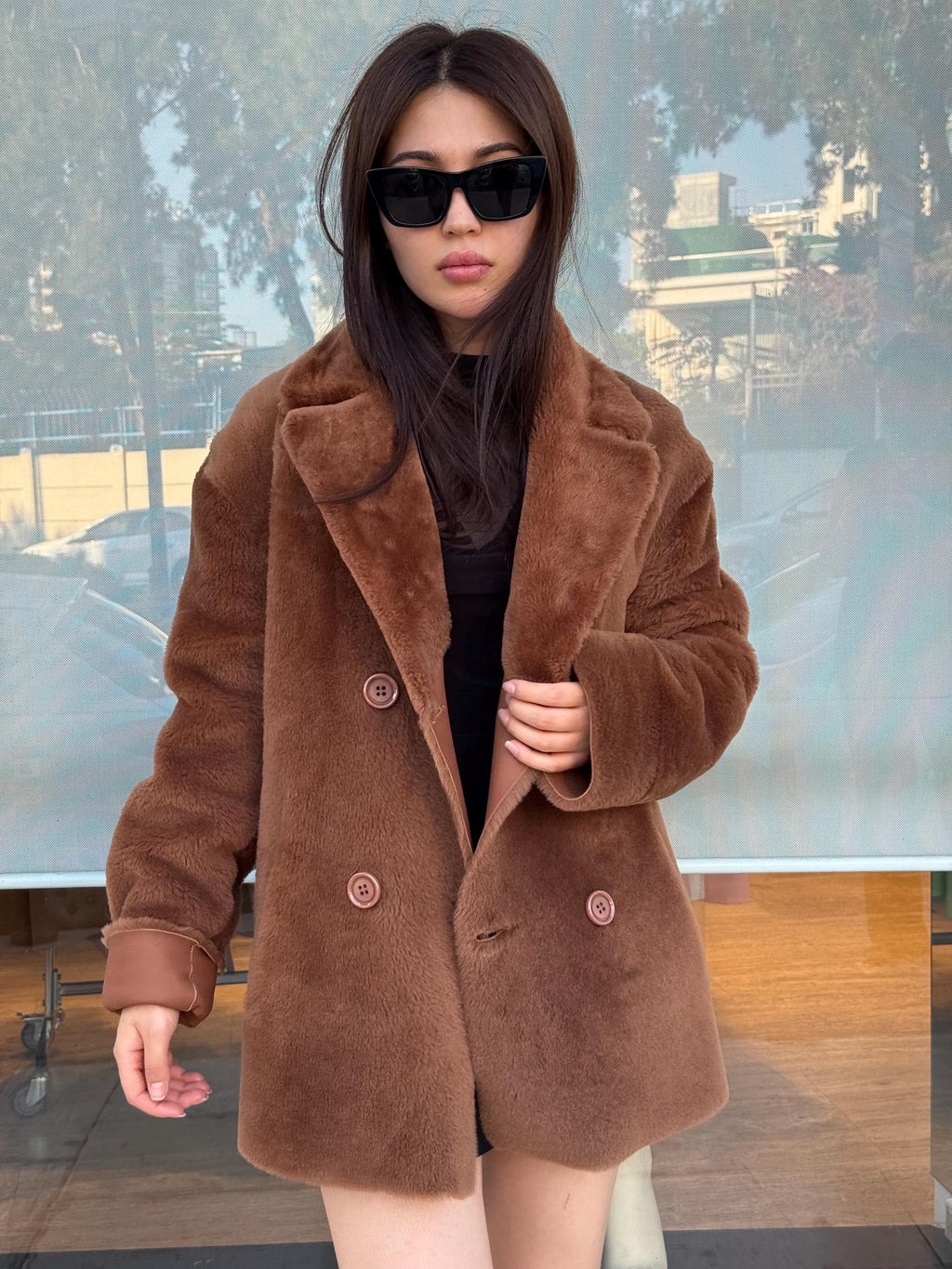 Brown Reversible Shearling Coat for Women – Premium Sheepskin Double-Sided Jacket – Handmade Warm Winter Fur Outerwear