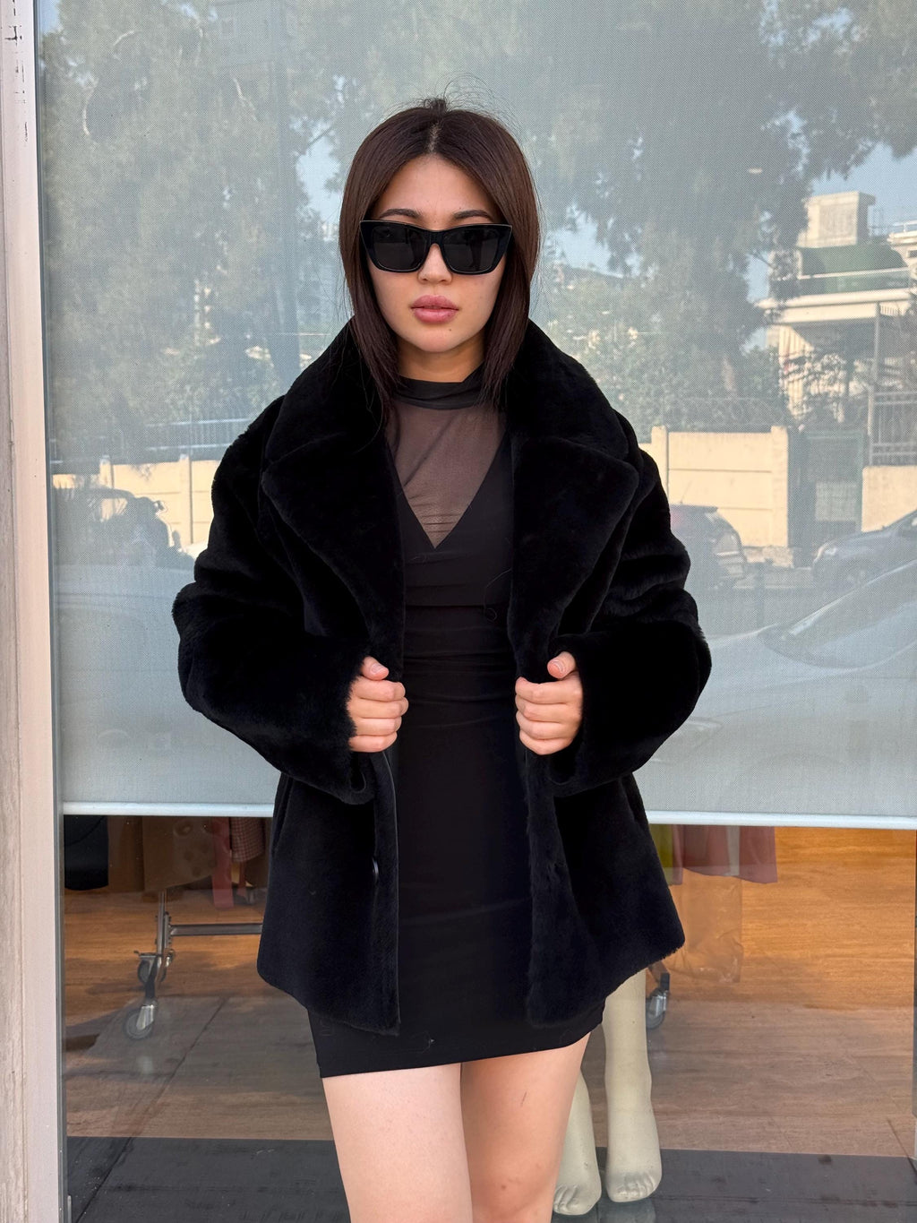 Reversible Black Shearling Coat: Winter Handmade Lamb Fur Jacket For Women