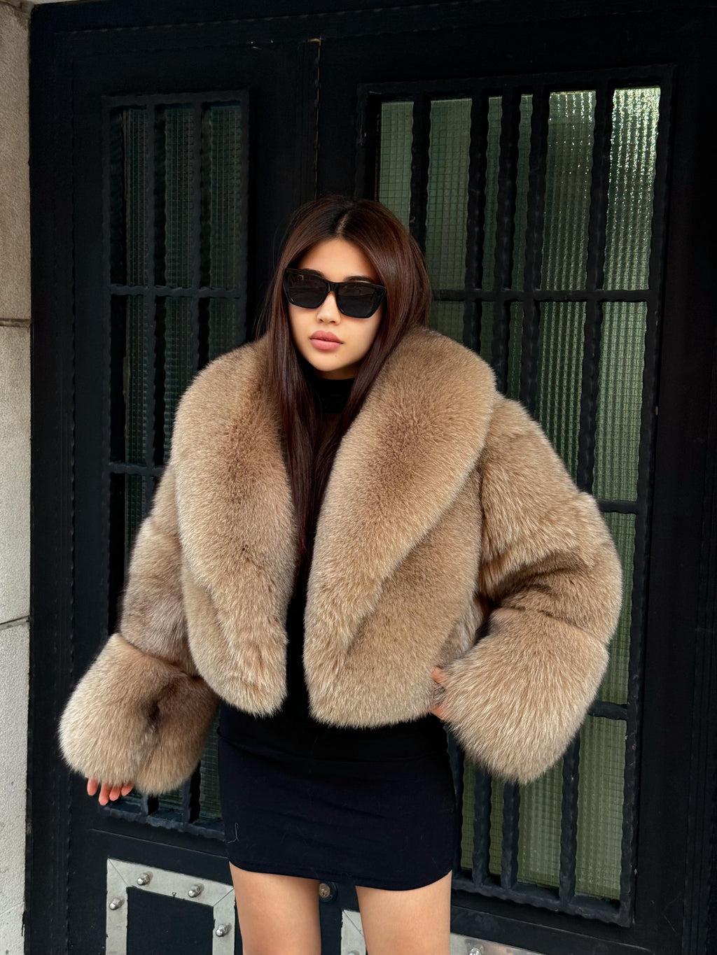 Women’s Camel Fox Fur Jacket: Handmade Luxury Short Winter Fur Jacket