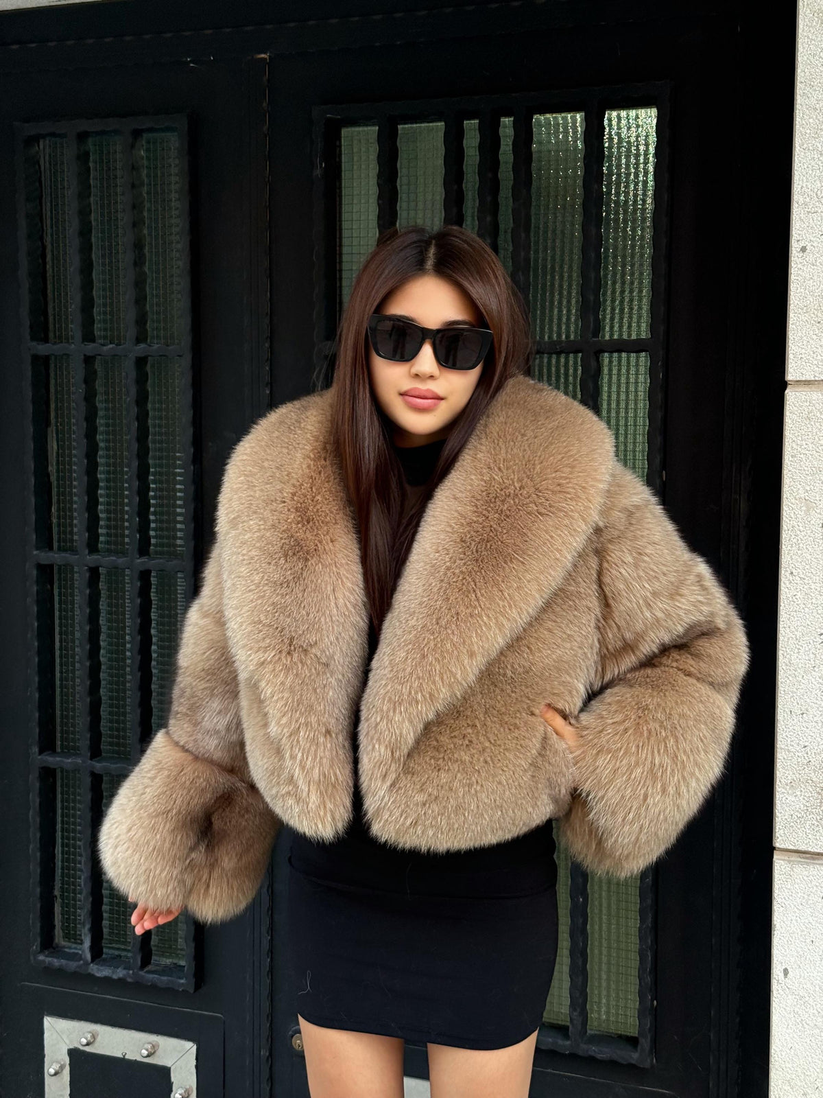 Women’s Camel Fox Fur Jacket: Handmade Luxury Short Winter Fur Jacket