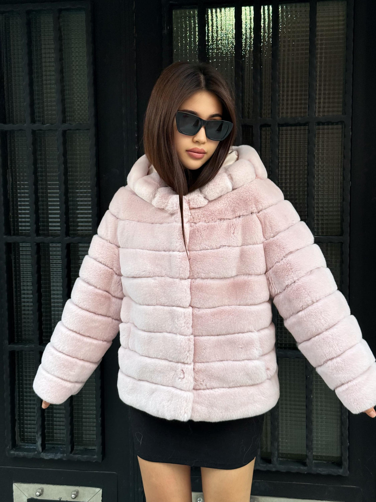 Hooded Pink Rex Rabbit Fur Coat: Short Winter Fur Jacket For Women
