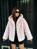 Hooded Pink Rex Rabbit Fur Coat: Short Winter Fur Jacket For Women