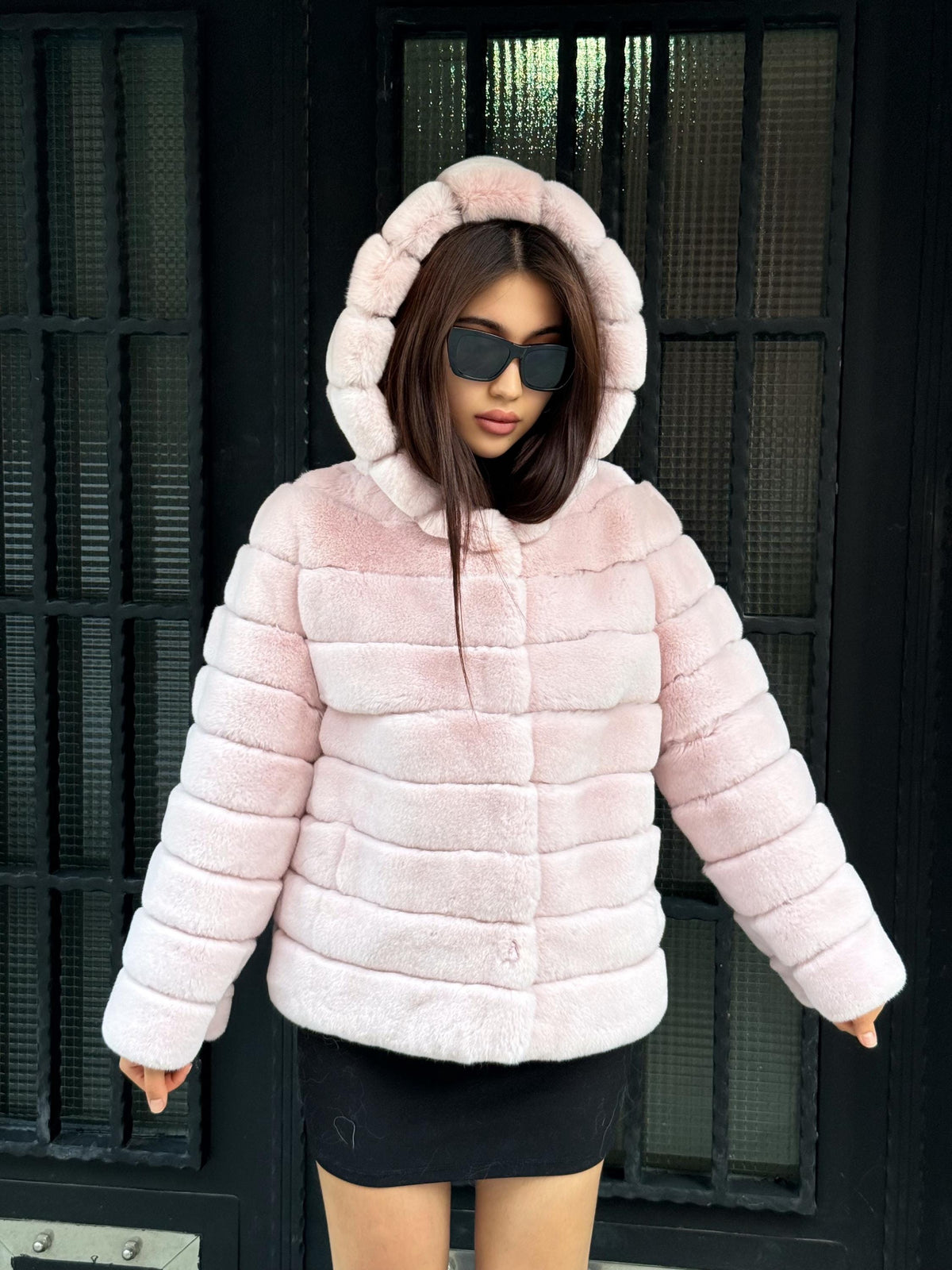 Hooded Pink Rex Rabbit Fur Coat: Short Winter Fur Jacket For Women