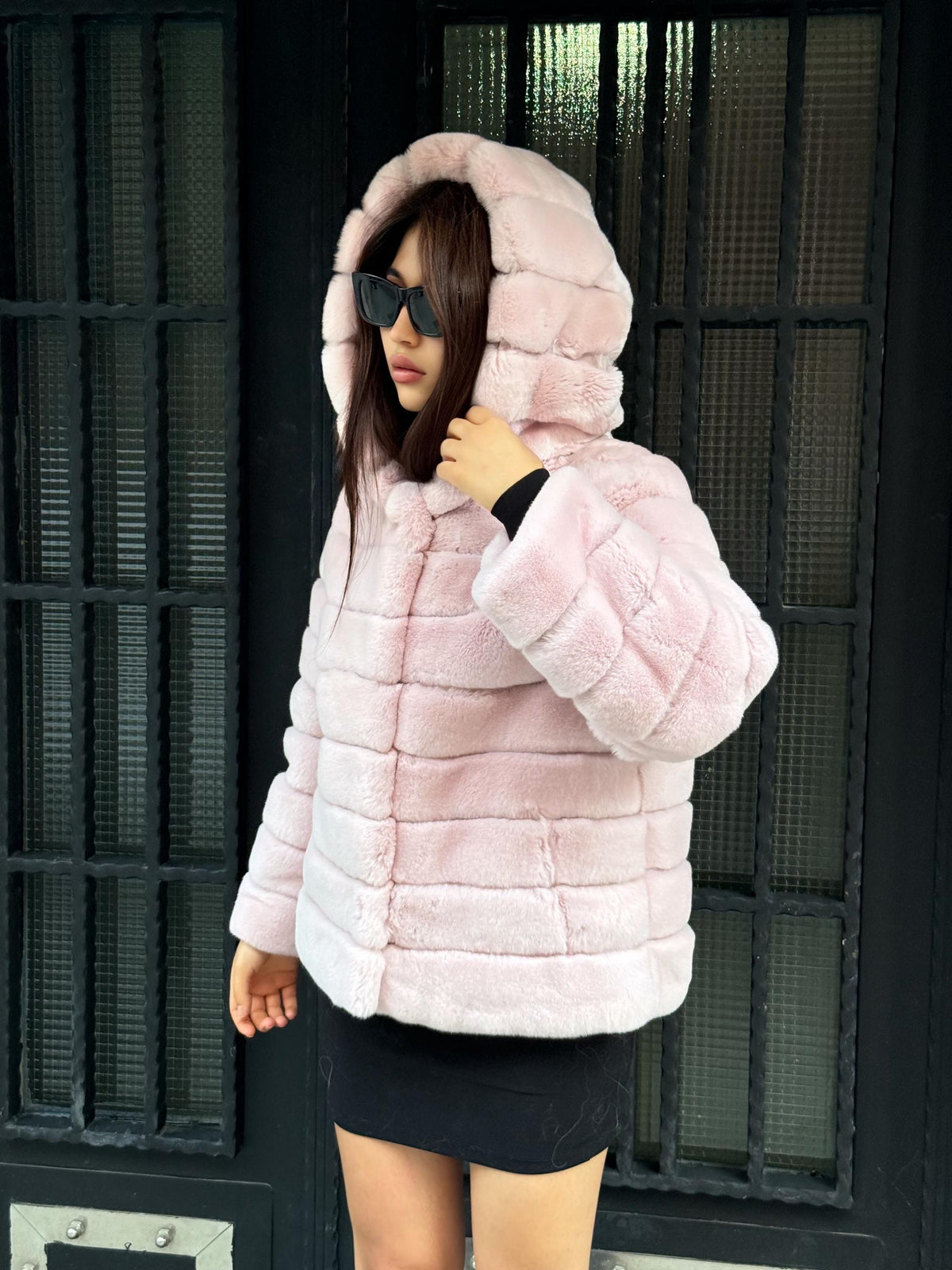 Hooded Pink Rex Rabbit Fur Coat: Short Winter Fur Jacket For Women