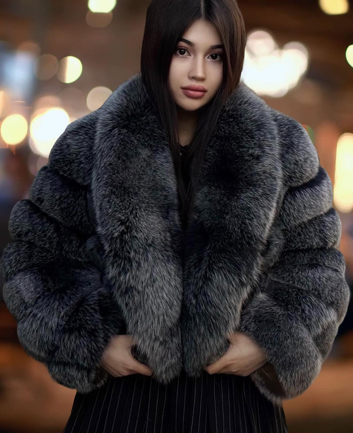 Women’s White Fox Fur Jacket, Handmade Detachable Sleeves Short Fur Coat