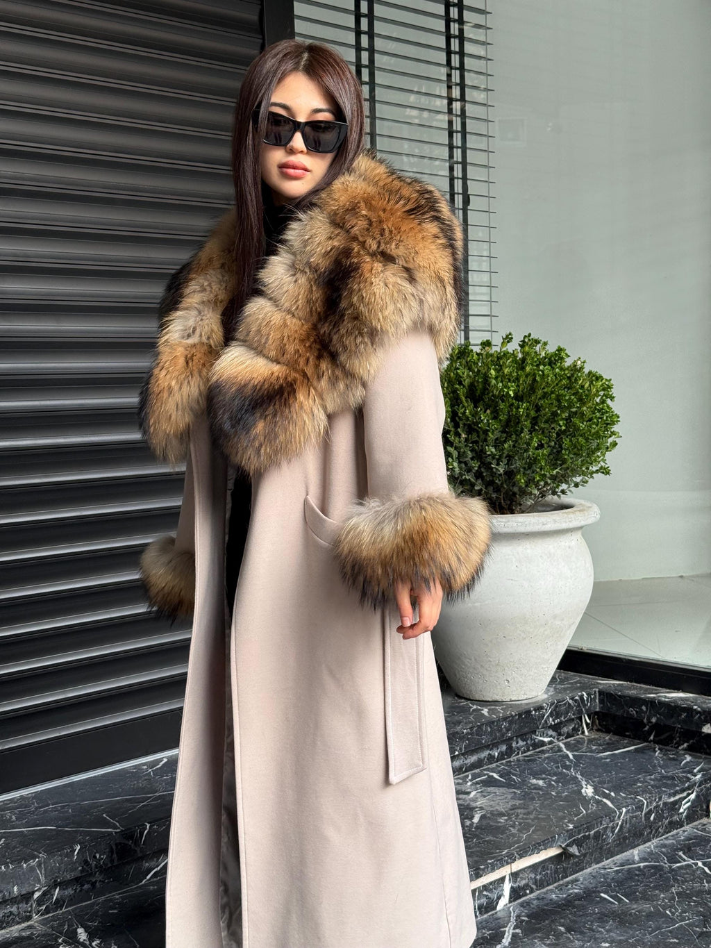 Handmade Beige Cashmere Coat: Fox Fur Trim Hood, Luxury Winter Long Coat