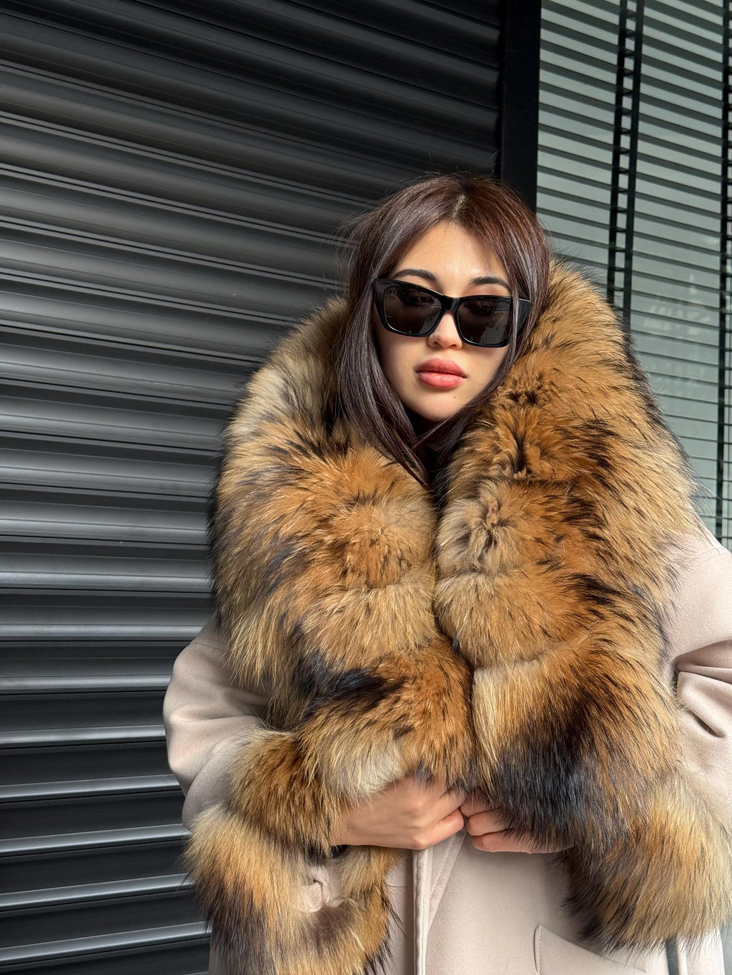 Handmade Beige Cashmere Coat: Fox Fur Trim Hood, Luxury Winter Long Coat