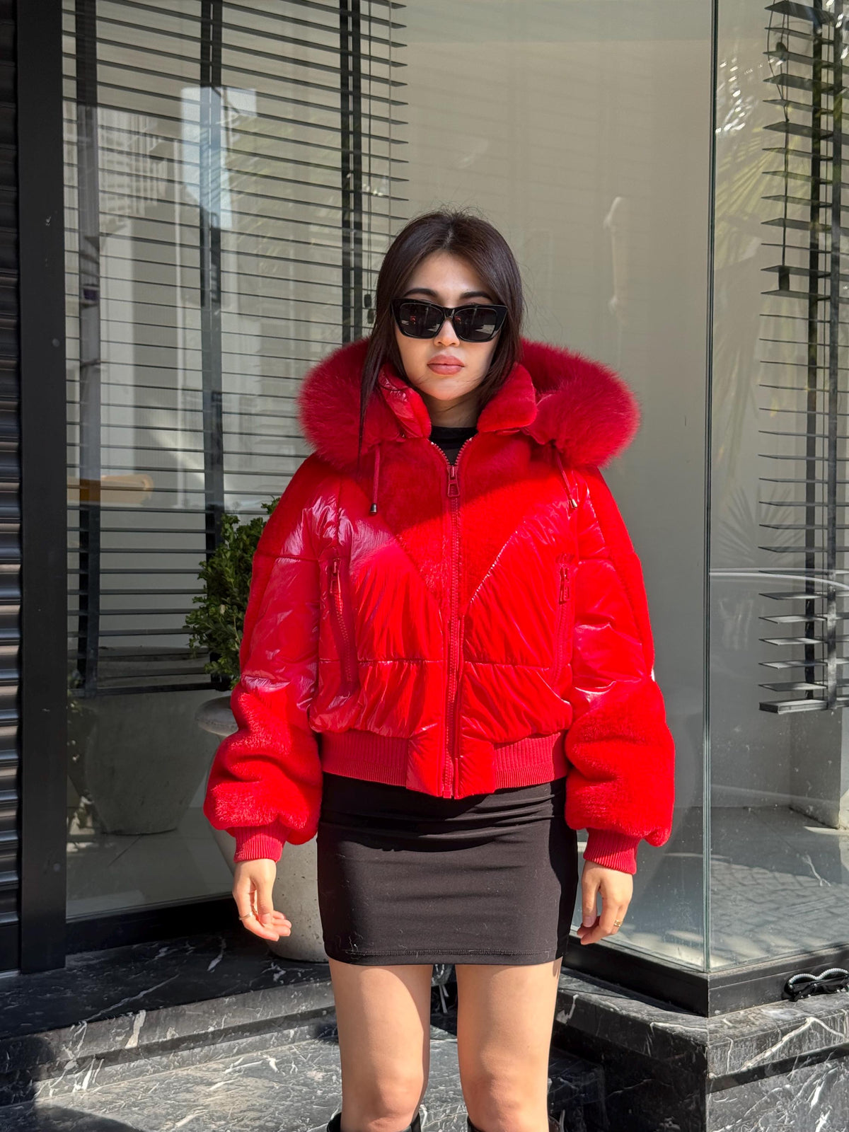 Red Puffer Jacket: Detachable Fox Fur Hood, Handmade Winter Coat