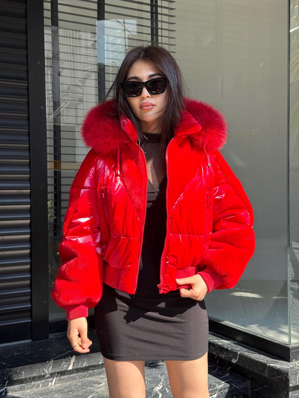Red Puffer Jacket: Detachable Fox Fur Hood, Handmade Winter Coat