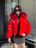 Red Puffer Jacket: Detachable Fox Fur Hood, Handmade Winter Coat