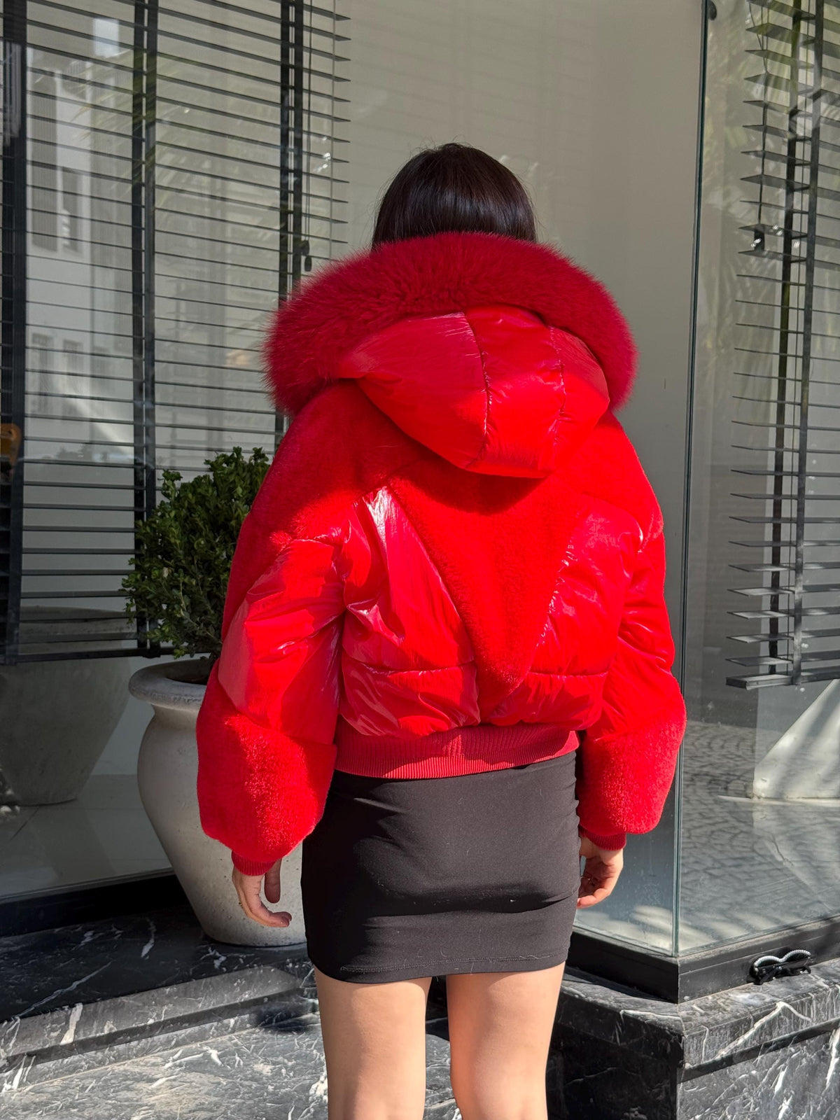 Red Puffer Jacket: Detachable Fox Fur Hood, Handmade Winter Coat