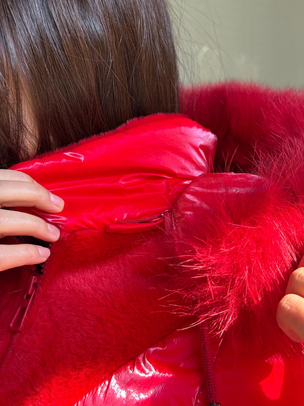 Red Puffer Jacket: Detachable Fox Fur Hood, Handmade Winter Coat
