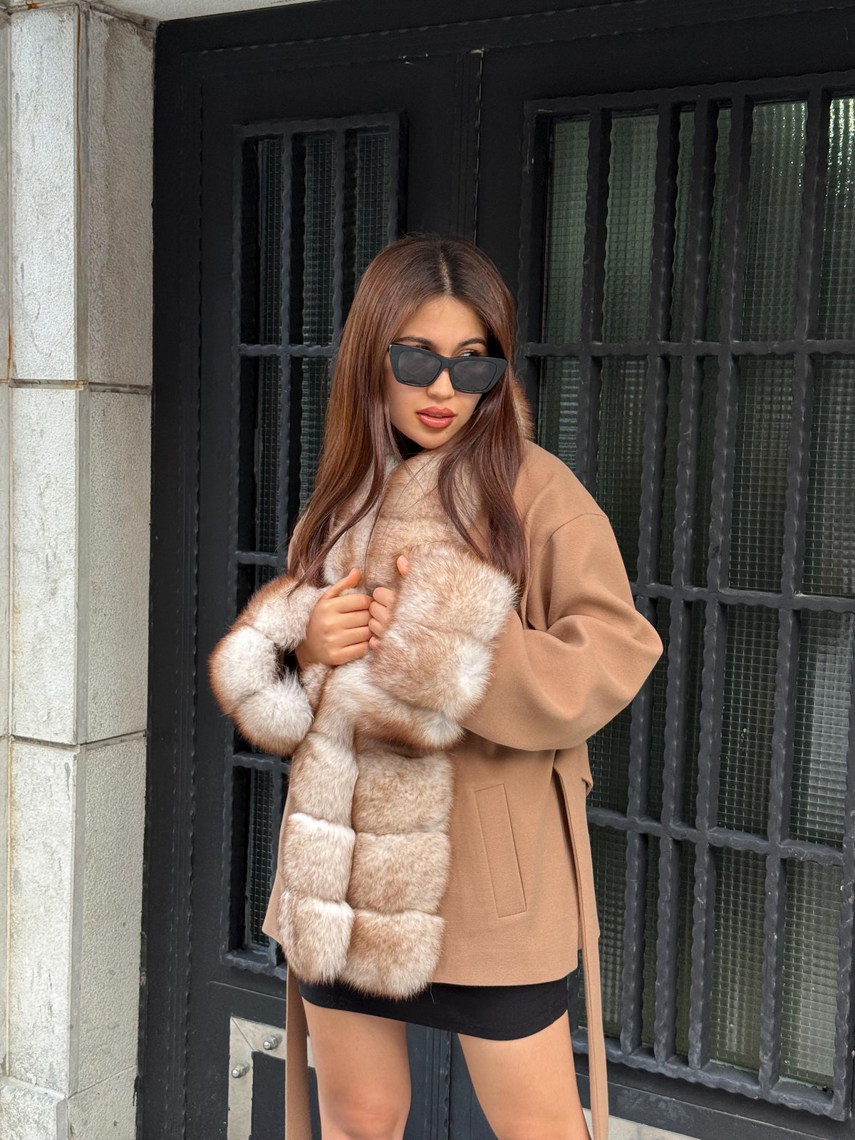 Camel Short Cashmere Blend Jacket | Front & Cuffs Fox Fur Jacket