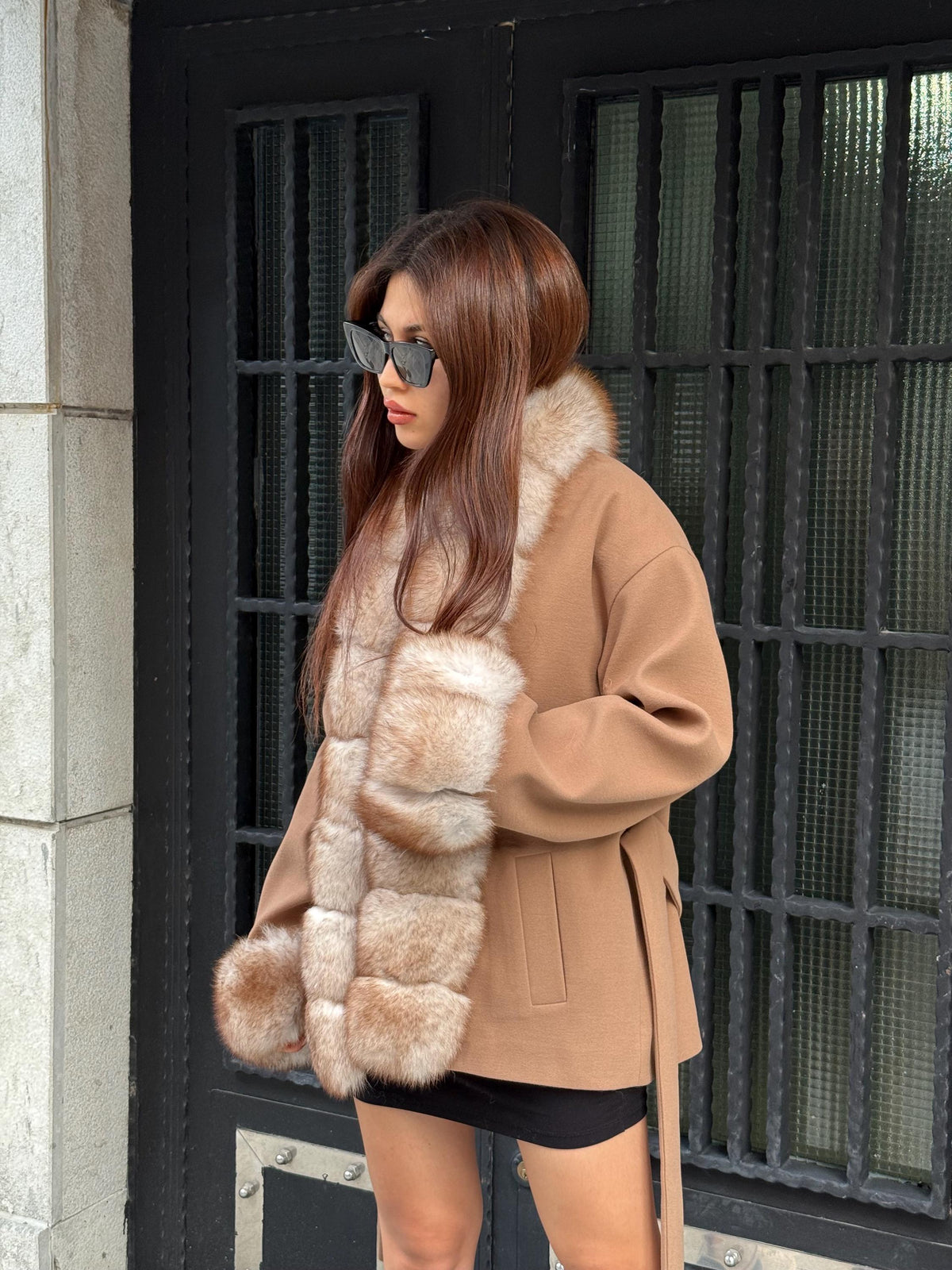 Camel Short Cashmere Blend Jacket | Front & Cuffs Fox Fur Jacket