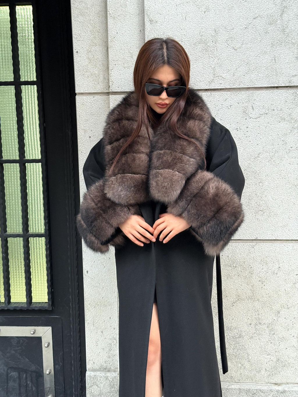 Black Long Cashmere Collar Cuffs Fox Fur Coat, Women Fox Fur Jacket, Sable Brown Fox Fur Coat