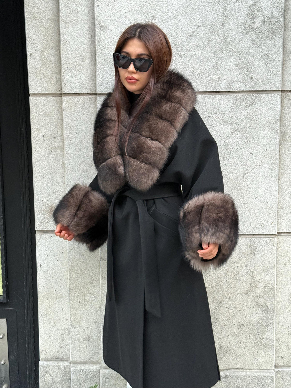 Black Long Cashmere Collar Cuffs Fox Fur Coat, Women Fox Fur Jacket, Sable Brown Fox Fur Coat