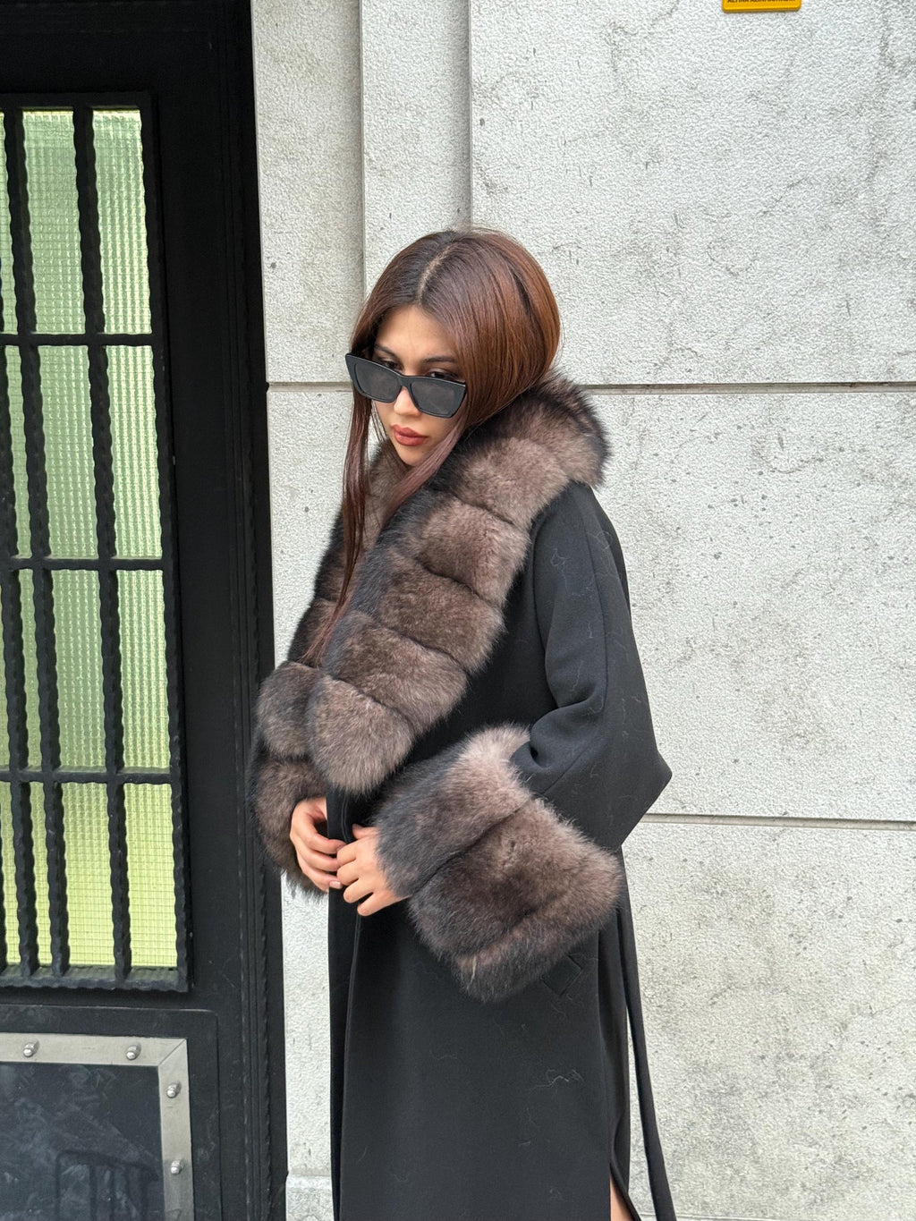 Black Long Cashmere Collar Cuffs Fox Fur Coat, Women Fox Fur Jacket, Sable Brown Fox Fur Coat