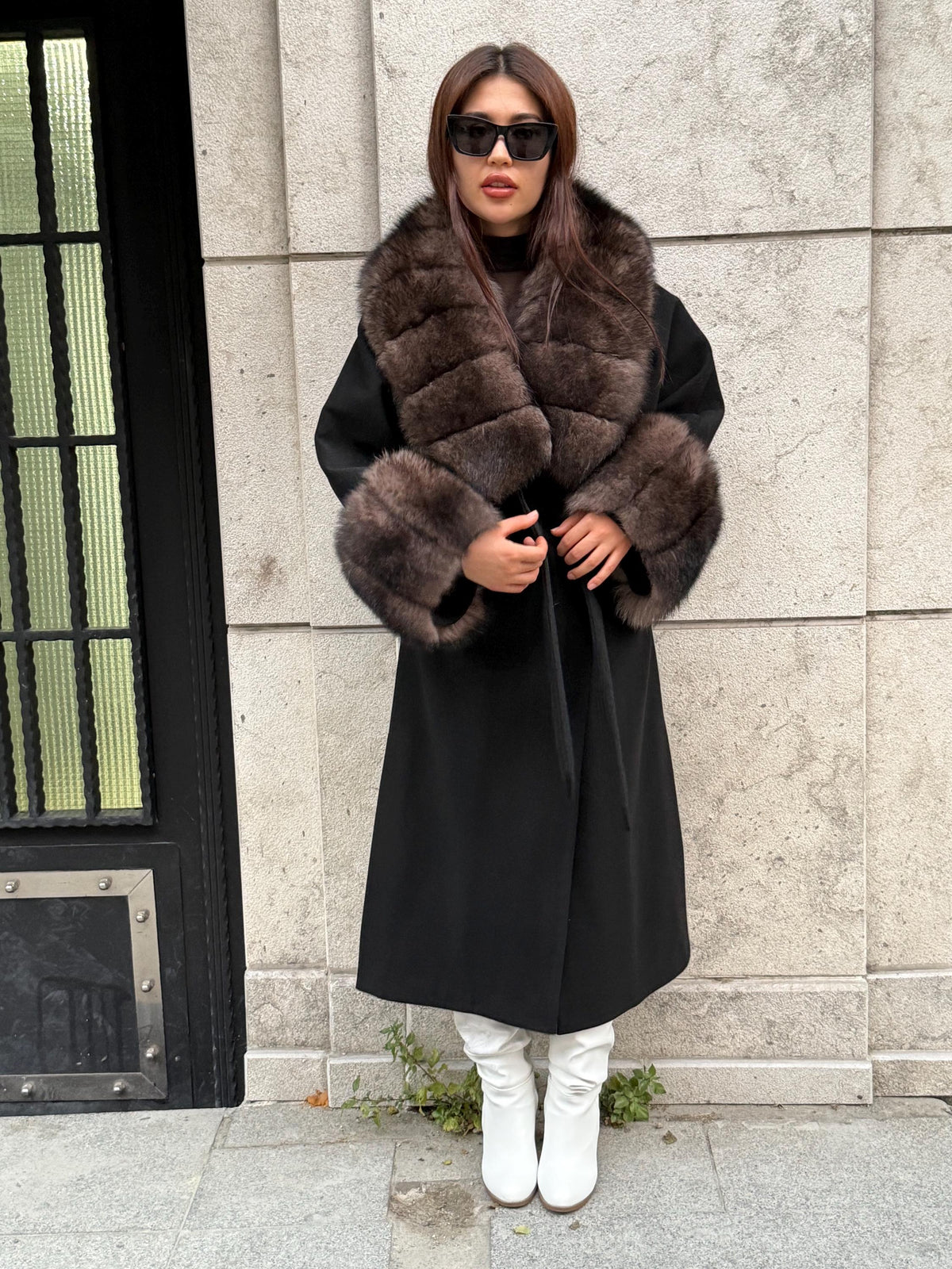Black Long Cashmere Collar Cuffs Fox Fur Coat, Women Fox Fur Jacket, Sable Brown Fox Fur Coat