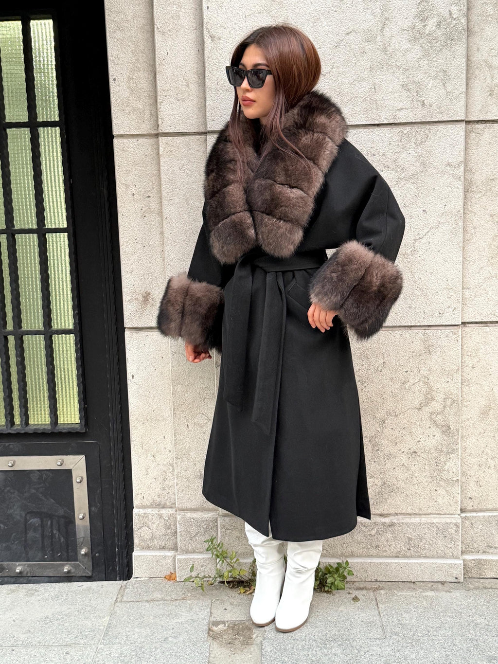 Black Long Cashmere Collar Cuffs Fox Fur Coat, Women Fox Fur Jacket, Sable Brown Fox Fur Coat