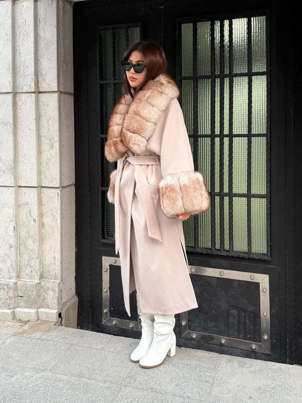 Beige Long Cashmere Wool Blend Coat . Womens Collar & Cuffs - Huge Fox Fur Jacket