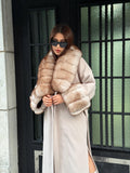 Beige Long Cashmere Wool Blend Coat . Womens Collar & Cuffs - Huge Fox Fur Jacket