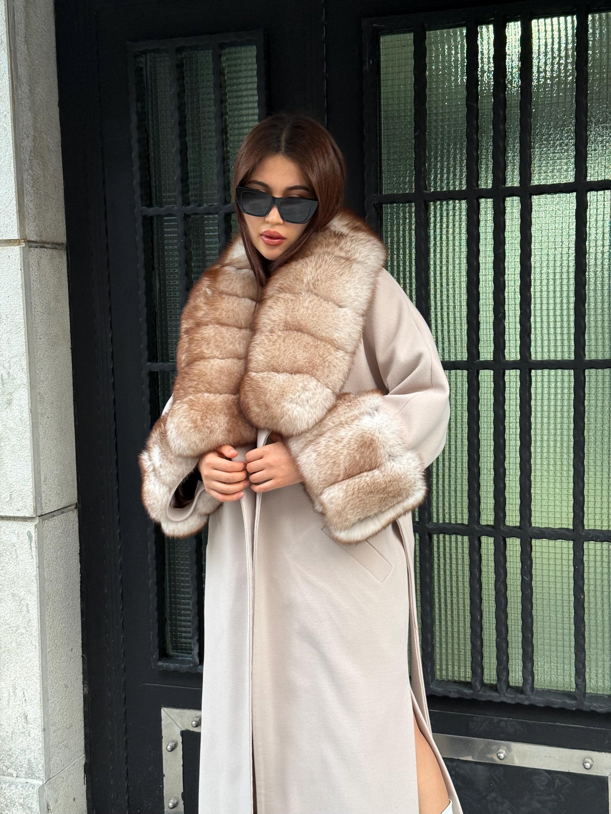 Beige Long Cashmere Wool Blend Coat . Womens Collar & Cuffs - Huge Fox Fur Jacket
