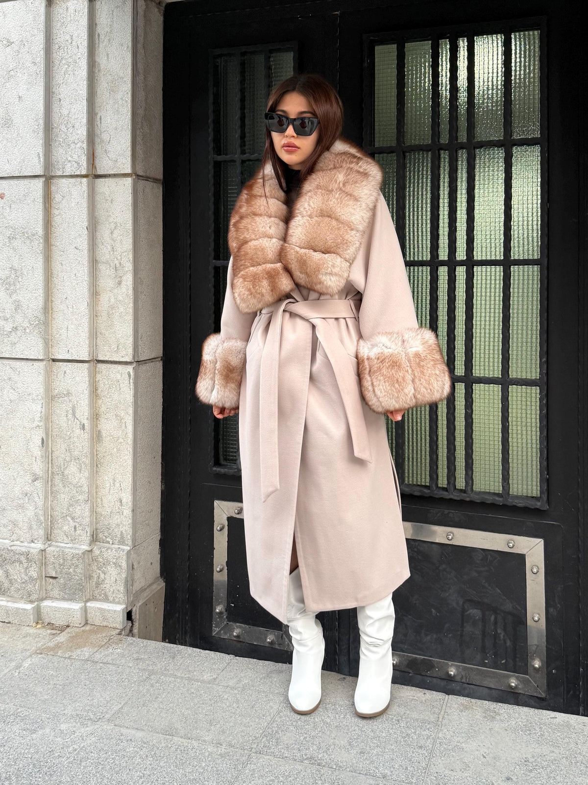 Beige Long Cashmere Wool Blend Coat . Womens Collar & Cuffs - Huge Fox Fur Jacket
