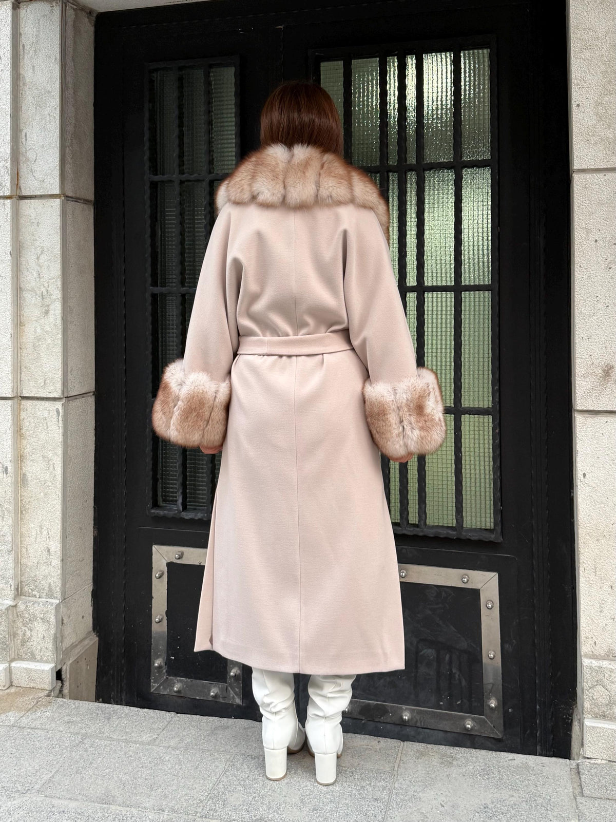 Beige Long Cashmere Wool Blend Coat . Womens Collar & Cuffs - Huge Fox Fur Jacket