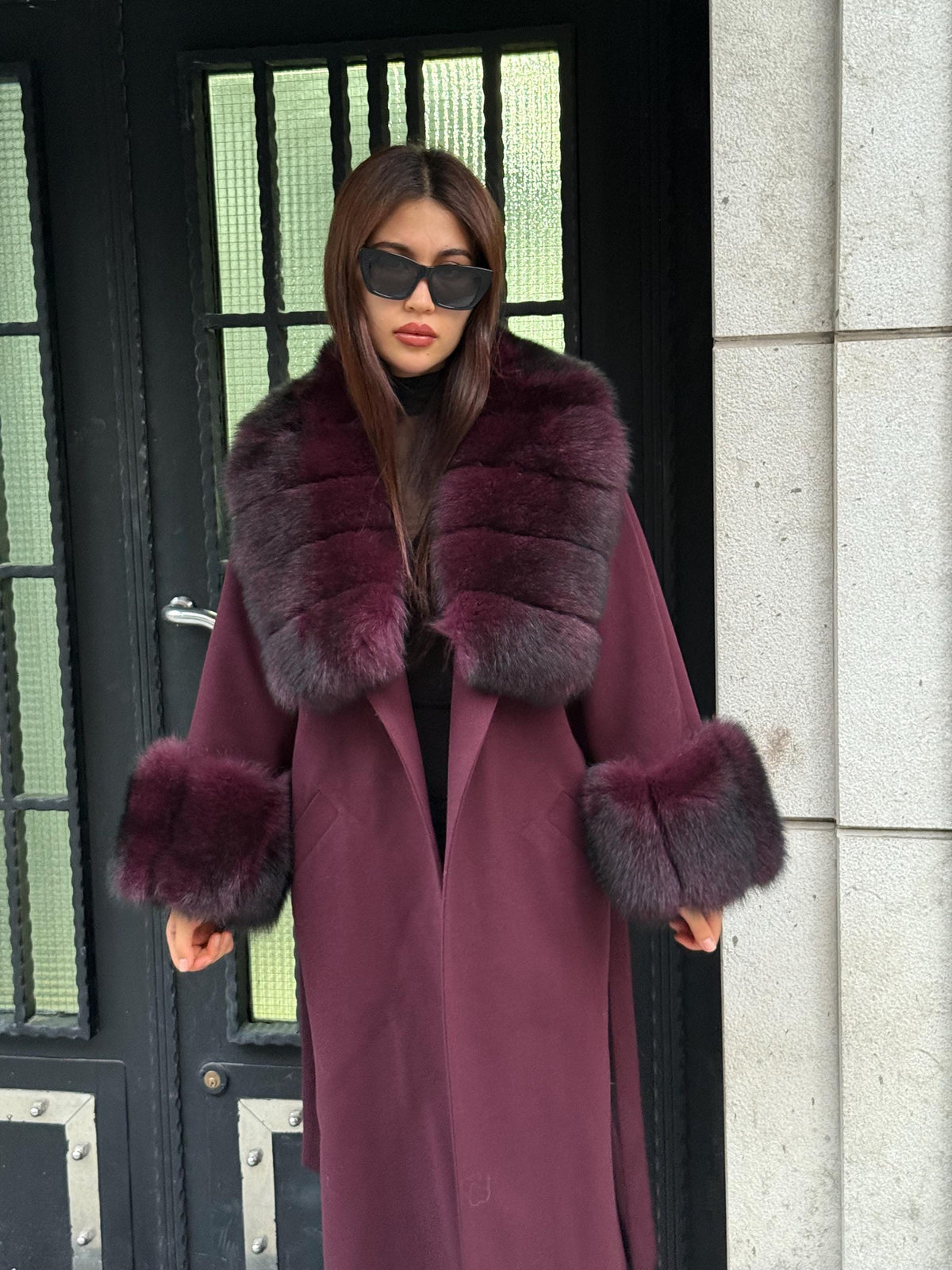 Burgundy Cashmere Collar&Cuffs Huge Fox Fur Jacket. - Women Fox Fur Jacket - Premium Brugundy Fox Fur Jacket