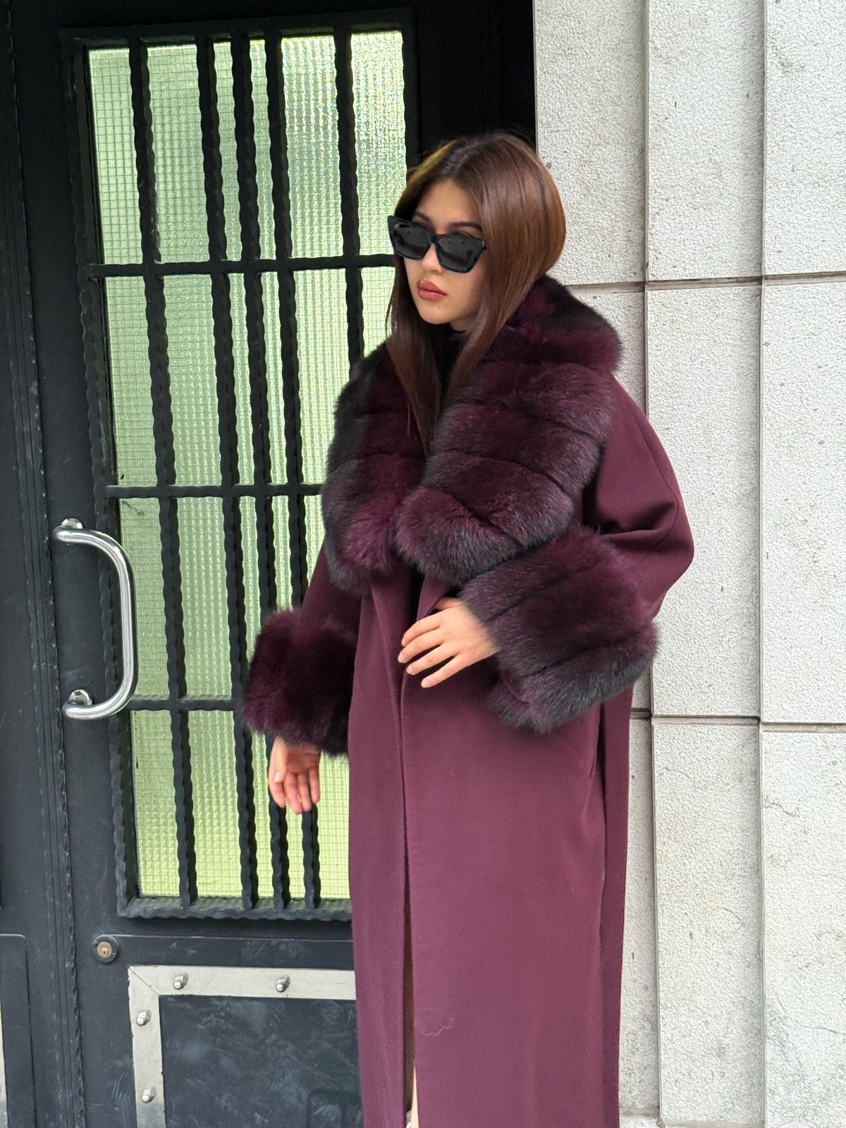Burgundy Cashmere Collar&Cuffs Huge Fox Fur Jacket. - Women Fox Fur Jacket - Premium Brugundy Fox Fur Jacket