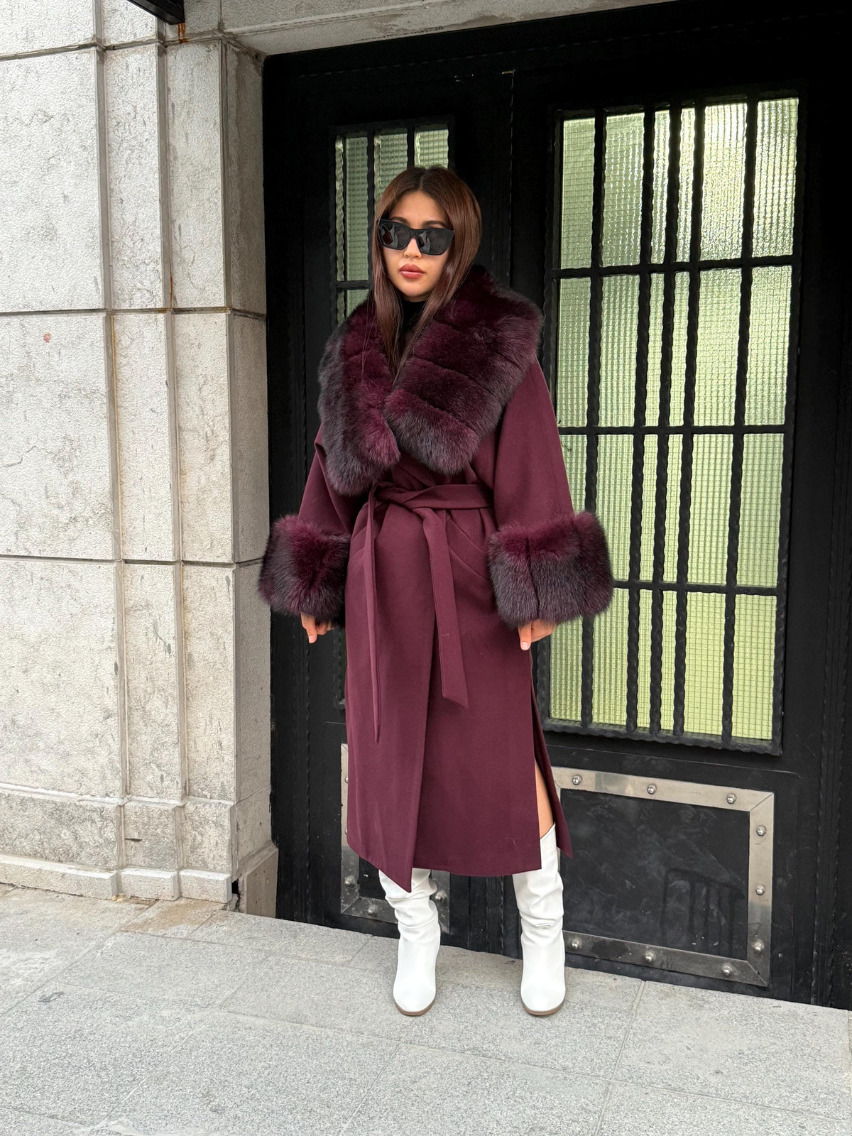 Burgundy Cashmere Collar&Cuffs Huge Fox Fur Jacket. - Women Fox Fur Jacket - Premium Brugundy Fox Fur Jacket